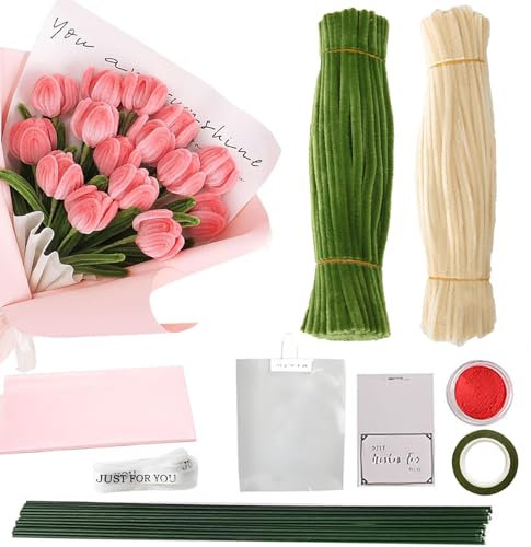 Barlone Pfeifenreiniger Zum Basteln, Tulpen Pfeifenreiniger Blumen Set, 200 Stück Pfeifenputzer zum Basteln, mit Geschenkpapier,Geschenkband,Klebeband,12 Blumendraht,Grußkarten,Geschenktüte(Rosa)