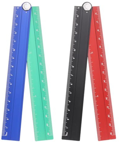 sourcing map 2pcs Folding Straight Ruler 30cm Metric Aluminum Alloy Protractor Foldable Angle Ruler Geometric Measuring Tool with Angle Line for Architects Artists Office, Black Red/Blue Green