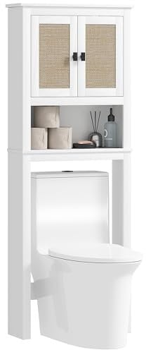 HOMCOM Mueble sobre Inodoro Estrecho Armario sobre Inodoro con 2 Puertas con Frontal de Ratán Compartimento y Estante Ajustable Mueble de Baño 60x19,5x160 cm Blanco