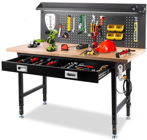 MUWOOD 60 Workbench with Drawers, Work Benches for Garage with Strip Light, Adjustable Work Table with Large Pegboard, 2000 LBS Heavy Duty Table with Power Outlet Rubber Wood for Garage, Office