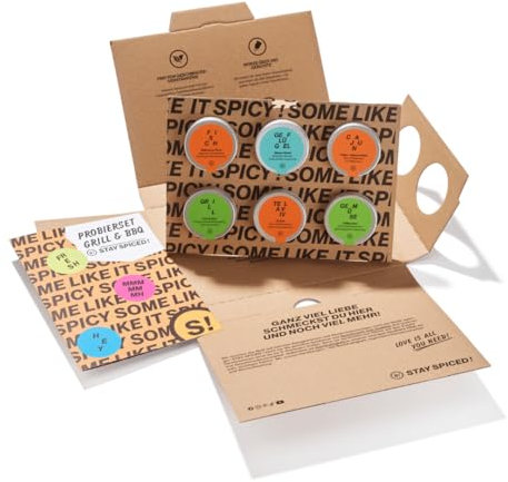 STAY SPICED ! Gewürze Probierset GRILL | Gewürzbox mit 6 Gewürzmischungen für Grillen & BBQ | zum Verfeinern von Fleisch, Fisch & Gemüse | inkl. Infoheft mit Infos zu jedem Gewürz | Geschenkset