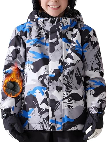 FREE SOLDIER Wasserdichte Skijacke für Jungen und Mädchen, mit Fleece gefüttert, warm, Winterjacke für Kinder mit abnehmbarer Kapuze (grünes Camouflage, Größe 8–9/Junge)