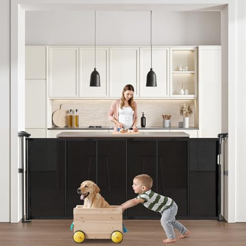 VEVOR Retractable Baby Gate, 870 mm Tall, Extends up to 1800 mm Wide, Retractable Gate for Kids or Pets, Mesh Material, Easy to Install for Indoor Stairs, Doorways, Hallways, Playrooms, Black