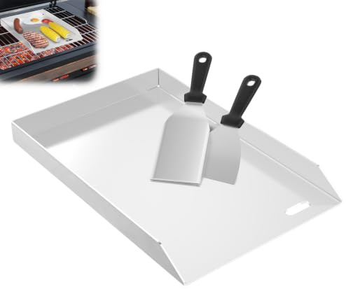XMTECH Edelstahl-Grillplatte 30x45 cm, ohne Griff, für Gas- & Kohlegrill | 4 mm Stärke, glatte Fläche, Fettablauf, spülmaschinengeeignet, 2 Grillspachtel, für Gemüse, Fleisch und Fisch, Outdoor BBQ