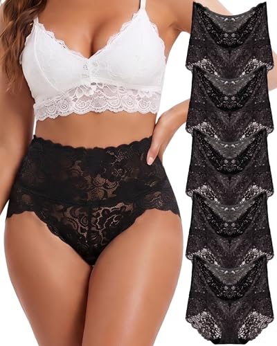 FINETOO 5er Spitze Unterwäsche Damen High Waisted Slip Set Hohe Taille Unterhosen Sexy Hipster Soft Slips Bequem Underwear Frauen Nahtlos Spitzen Mehrpack S-XL