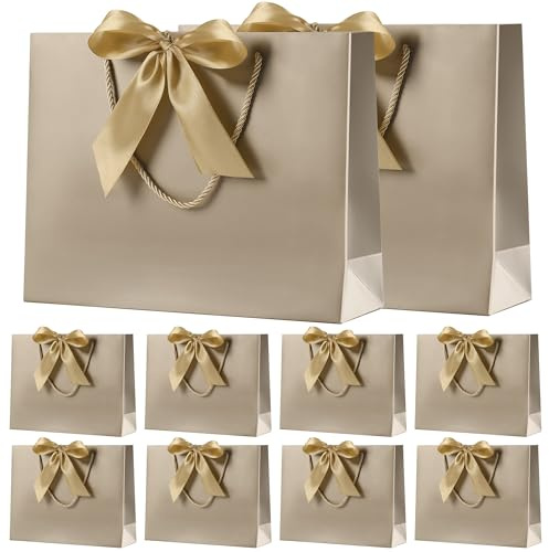 Large Gift Bag with Ribbon, 10 Pack Paper Presents Bags with Handle, for Birthday/Wedding/Anniversary/Baby Shower/Christmas/Retail Store (Champagne, 32 * 25 * 10CM)