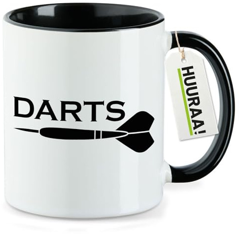 Huuraa Kaffeetasse Darts Dartpfeil Geschenk | Motivtasse 330ml Schwarz Keramik Tasse mit Spruch Kaffeebecher Geschenkidee Becher mit Motiv