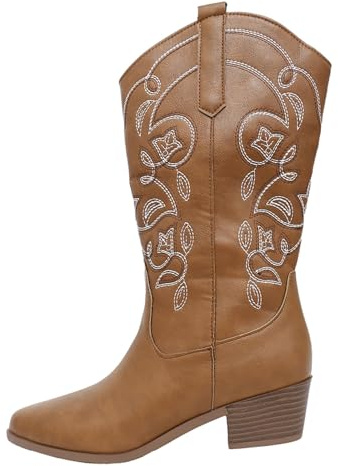 HOOUDO Stivali Texani Donna Cowboy Western Scarpe da Donna Punta Camperos Etnici Camperos Stivali con Tacco Western Traforati Stivaletti Texani a Punta Cowboy