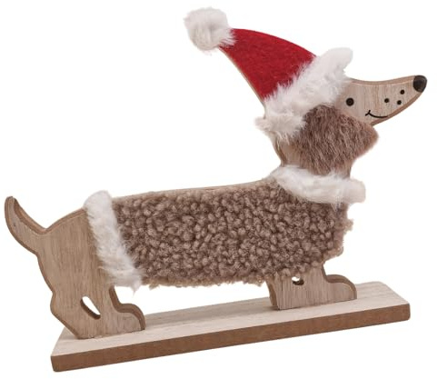 Holz-Dackel Weihnachtsdeko: Holzdeko Hunde-Figur mit Mütze, Deko Weihnachten & Winter, Weihnachtsfigur zum Hinstellen, Dekofigur Holz & Filz Innen, Winterdeko, Hundedeko Stehend, 22 x 4 x 16,5 cm