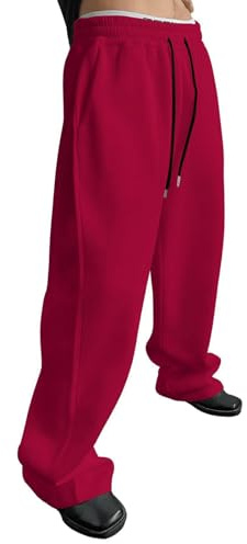 Mens Sweatpants Joggers Baggy Elasticated Waist Drawstring Trousers Wide Leg Jogging Bottoms for Outdoor Gym Solid Casual Trousers with Pockets Red