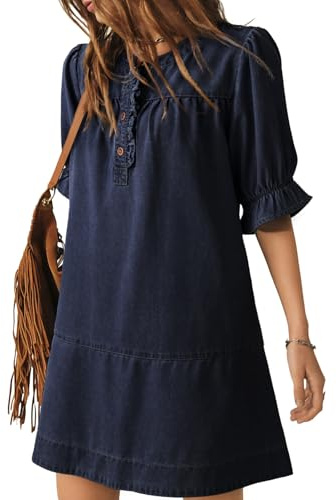 Dokotoo Dresses for Women Casual Spring Short Sleeve Babydoll Denim Dress Ladies Cute Crew Neck Button Down Fashion Mini Jean Dresses Outfits Navy Blue Medium