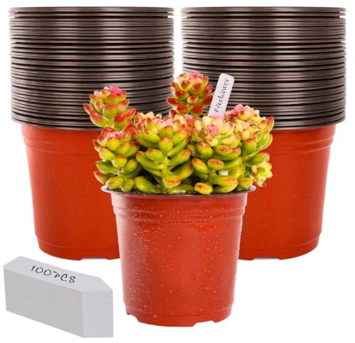 MUETKNYE 6 Inch Plant Nursery Pots 100pcs with 100 Labels (Red) | Plastic Seedling Flower Container, Seed Starting for Indoor/Outdoor