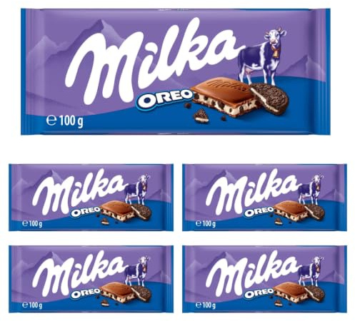 Milka Oreo – Alpenmilch-Schokolade gefüllt mit knusprigen Oreo-Keks-Stückchen und feiner Vanillecrème – 100g (Packung mit 5)