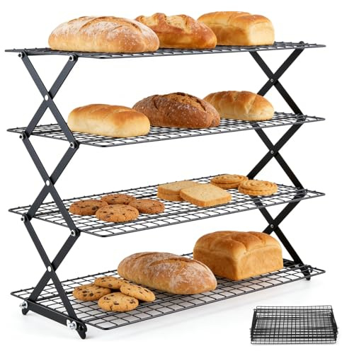 Vurlexat 4-Tier Collapsible Cooling Rack for Baking, Non-Stick Cooler Rack | Heavy-Duty, Metal Material, Non-Stick Wire Cake Rack, Space-saving, Foldable Cooler Rack for Muffin, Cookies, Pizza