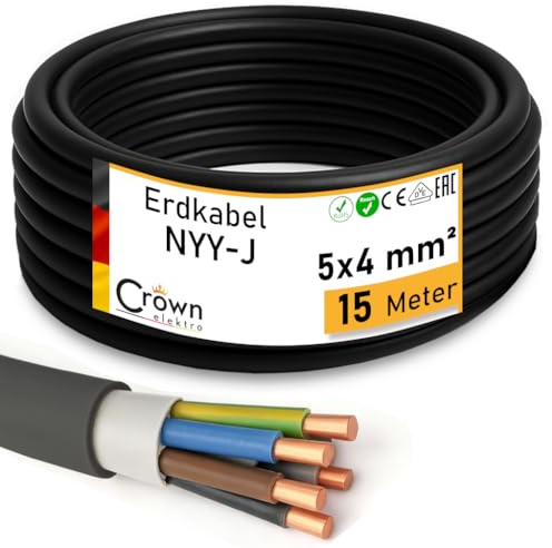 NYY-J 5x4mm² Erdkabel 15m - Elektrokabel Ring für Verlegung im Erdreich & Außenbereich | Kupfer Volldraht | DIN VDE 0276 Teil 603/627 | Deutsche Markenhersteller