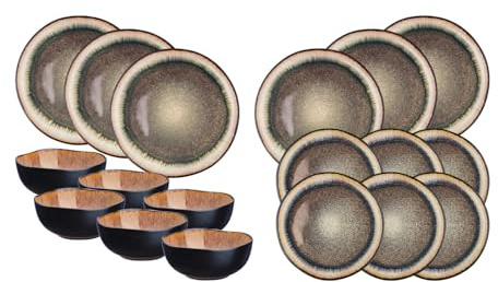 BJORN SR-LEIRM26 IRIS Geschirrset Essentials Wild Brown, Steinzeug mit reaktiver Glasur, 18-teilig, Beige-Braun, Spülmaschinen- und Mikrowellenfest, für 6 Personen