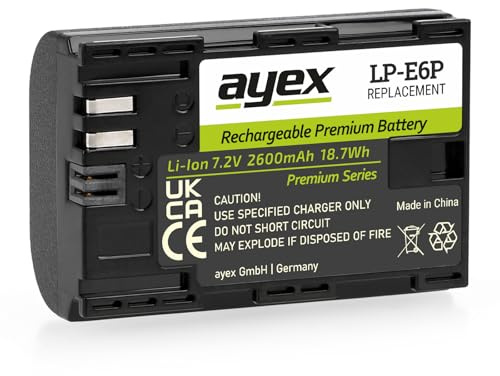 ayex LP-E6P Akku 2600mAh kompatibel mit Canon EOS R5 Mark II, R6, R7, R5, 5D Mark IV