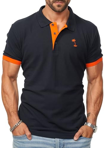 DAILY COTTON Herren Poloshirt Kurzarm Freizeit Polo T-Shirt mit Palmen-Logo - Männer Polo-Hemd im Regular-Fit in Piqué-Qualität DC_MP-337-Navy-Orange-3XL