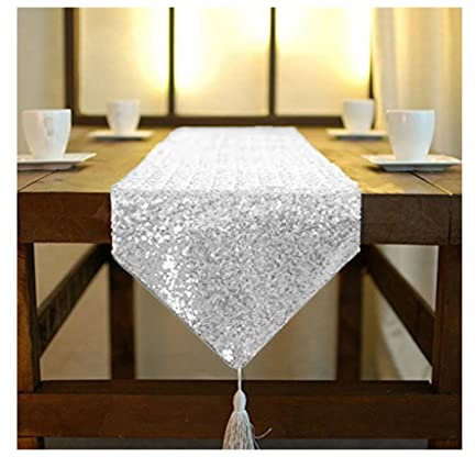 ShinyBeauty Silver Table Runner 14x120-Inch Silver Sequin Table Runners With Tassel Party Table Runner,35x300cm Christmas Table Runner Glitter Table Runner