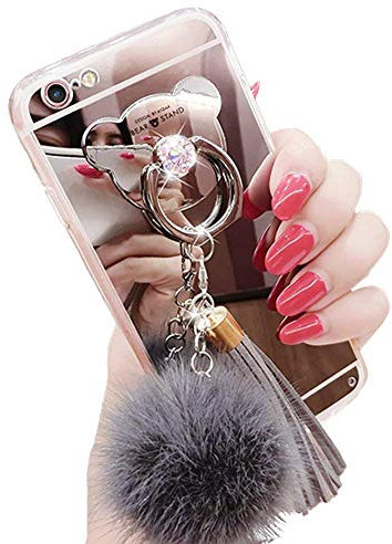 BlackLemon Case Compatible for iPhone XR 6.1 Inch, Fur Ball Soft Rubber Bumper Bling Diamond Glitter Mirror Makeup Case with Bear Ring Stand Holder for Girls (Gray, iPhone XR)