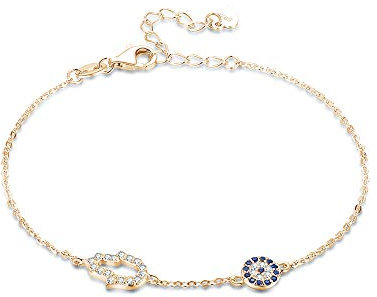 TONGZHE Goldenes Böses Auge Hamsa Hand von Fatima Armband aus Sterlingsilber 925 CZ Kette 16,5 cm + 3,8 cm für Damen