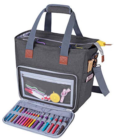 Luxja Stricktasche mit Schultergurt, Garn Tasche, Handarbeitstasche Aufbewahrung für Wolle, Projekte, Stricknadeln, Häkelnadeln und andere Zubehörs, Grau