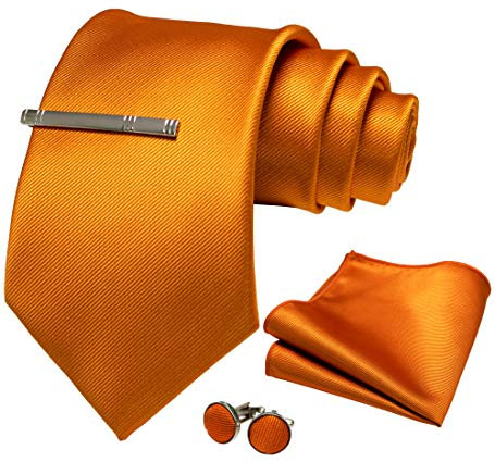 JEMYGINS Herren 9cm Breit Extra lang Krawatte und Einstecktuch Krawattenklammer Set Geeigneter Hochzeit Fest,orange