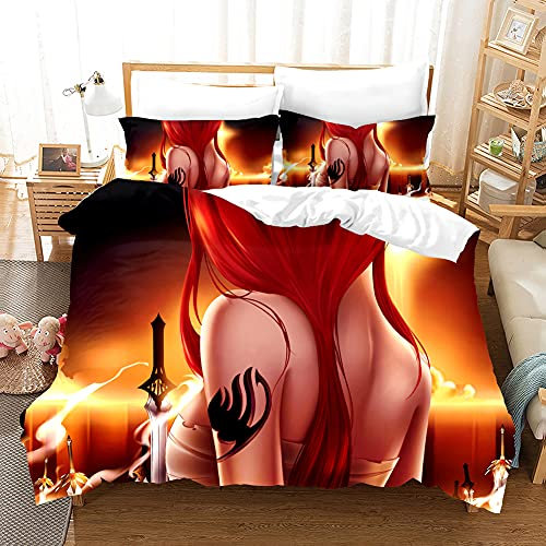 PTNQAZ Anime Fairy Tail Bettwäsche-Set für Kinder, Bettbezug-Sets mit Kissenbezügen, Cartoon-Heimtextil-Dekor, Bettwäsche für Jungen und Mädchen (ohne Bettlaken) (Einzelbett)