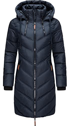 MARIKOO Damen Wintermantel Warmer Steppmantel lang mit Verstellbarer Kapuze Armasa Blau Gr. XS