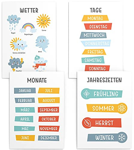 Papierschmiede® Kinderposter 4er Set Lernposter, DIN A4 (21x30 cm) Wanddeko, Geschenk für Mädchen & Jungen Kinderzimmer, Kalender Monate Wochentage, Jahreszeiten Wetter