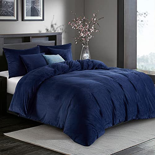 Omela 4 Teilig Warm Fleece Winter Bettwäsche 135x200 Marineblau Cashmere Touch Plüsch Bettbezug mit Kopfkissenbezug 80x80 cm Flauschig Coral Fleece Microfaser Winterbettwäsche Set Reißverschluss