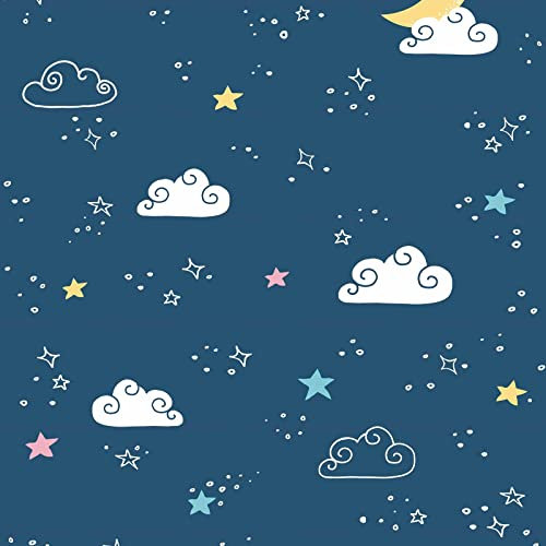 Kinderzimmer Tapete Sternenhimmel | Mond Tapete mit Sternen und Wolken in Dunkelblau | Vlies Kindertapete ideal für Babyzimmer