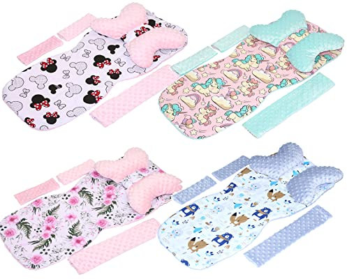 Baby Sitzauflage für Kinderwagen/Buggy Matratzenauflage MINKY 5 teiliges Set mit Schmetterling Kissen Auflage (Flowers + Rosa)