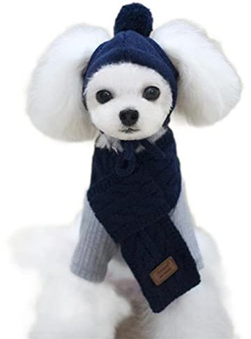 Pet Beanie Mütze Kragen Schal Set Gestrickte Warme Winterkleidung für Hund und Katze (M, Marineblau)