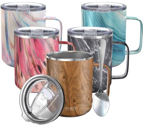 THILY Isolierte Kaffeetasse aus Edelstahl 350 ml vakuumisolierte Kaffeetasse mit Griff, auslaufsicherer Deckel, wiederverwendbar, BPA-frei, hält Kaffee kalt oder heiß, originale Holzmaserung