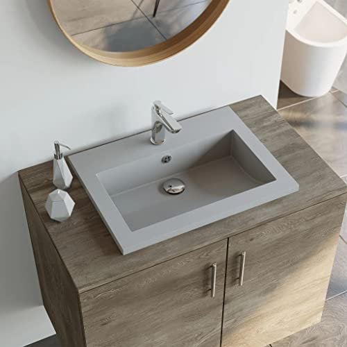 Rillbus Waschbecken Granit, Aufsatzwaschbecken mit Überlauf Grau, Möbelwaschbecken Waschtisch für Badezimmer, 60x45x12cm