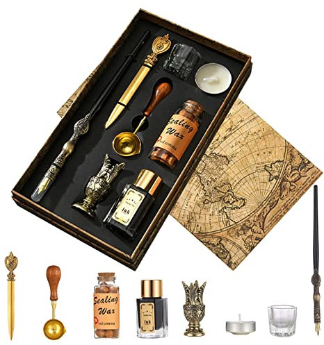 Joyeee Penna Dip in Legno con Pennino calligrafia Set, coltello aprilettere vintage, porta penne, candele tealight, kit di sigillo di cera, idea per scrittura, disegno, firme, regali d'arte