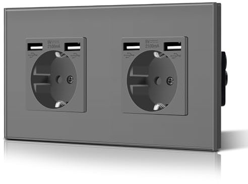 BSEED Doppelt Schuko Steckdose Glas 3 in 1 Unterputz mit 1/4 USB Ladeleistung Adapter Aufladestation Verlängerungssteckdosen WandSteckdose 16 Amp Einfache Installation 157mm Grau
