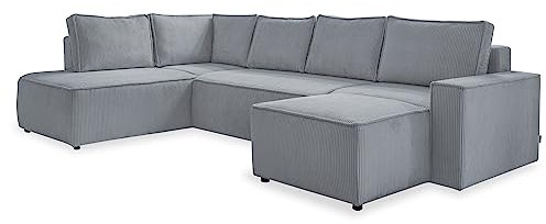 MIUFORM Cord Sofa U Form 322 cm x 194 cm x 89 cm, Ecksofa mit Schlaffunktion und Bettkasten- Brave Dave U- Wohnlandschaft U Form mit Schlaffunktion, Sofa Cord (Hellgrau, Links ausgerichtet)
