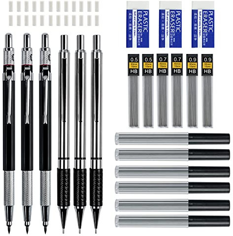 AUAUY 6 Stück Druckbleistifte Set, Automatische Metall Mechanische Stifte mit 12 Dosen Bleistiftminen und 3 Radiergummis, Büro Zubehör für Schule Schreiben, Zeichnen, Skizzieren (0,5+0,7+0,9+2mm)