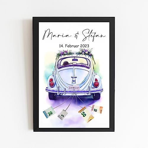 MyPrezzie Personalisiertes Geldgeschenk Hochzeit | Hochzeitsgeschenke für Brautpaar mit Namen und Datum | „Wedding Money“ | Einfach und Schnell (Hochzeit Geldgeschenk (Auto), 20 x 30 cm)