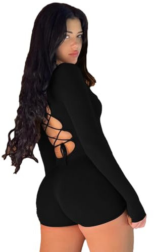 RPAEOY Women's Jumpsuit Playsuit Drawstring Long Sleeve Round Neck Backless Sexy Bodycon One Piece Unitard Sports Romper High Waist All in One for Gym Wear Workout Casual Yoga (Black,M)