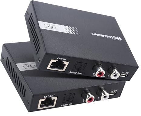Cable Matters 990ft Extra Long Range Audio Over Ethernet Adapter Kit with Built-in Digital to Analog Converter(DAC), Support Optical Audio Toslink, L/R RCA (AudioExtender Over Cat5e/Cat6 Adapter)