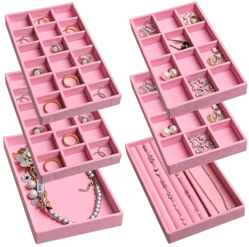 Frebeauty Schmuck-Organizer-Tablett, stapelbare Samt-Schmucktabletts, Schubladeneinsätze, Ohrring-Organizer für Damen und Mädchen, Schmuckaufbewahrung, Vitrine für Ringe, Ohrstecker, Halsketten, 6