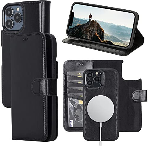 OXA Leder 2-in-1 Wallet Case Kompatibel mit iPhone 15 Pro Max | Magnetisch Abnehmbar | Stoßfest | RFID-Blockierung | Klapphülle mit Kickstand | Kompatibel mit MagSafe | - Schwarz