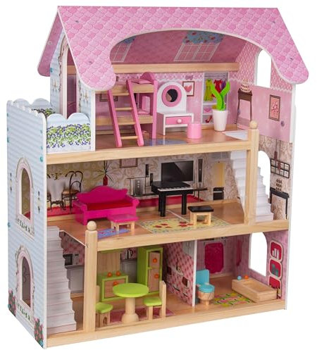 4iQ Group Puppenhaus aus Holz 70x31,5x62cm - Puppenhaus ab 3 Jahre Mädchen - Groß Haus mit 3 Etagen und Balkon - Dollhouse mit Möbeln und Zubehör