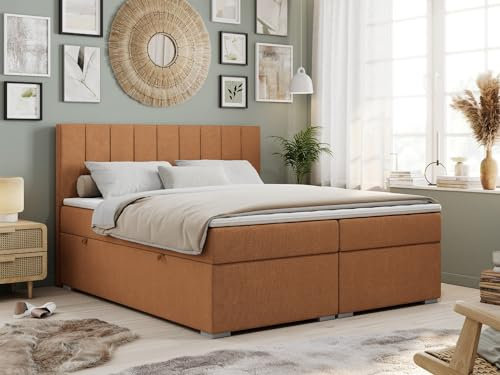MKS MEBLE Boxspringbett 200x200 mit 2 Bettkästen, Polsterbett 200x200 mit Matratze H4 Topper, Boxspringbett 200x200, Polsterbett 200x200, Bett 200x200 mit Kopfteil - Orange Strukture - H4 - Ally