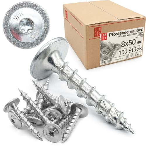 LUN FIX Pfostenschrauben 8x50 mm 100 Stk, TX Schrauben, Tellerkopfschrauben | Holzschrauben Torx 40, Vollgewinde Pfostenanker, Stahl Verzinkt Für Pfostenträger, Bodenhülsen, Balkenschuhe, Holz Montage
