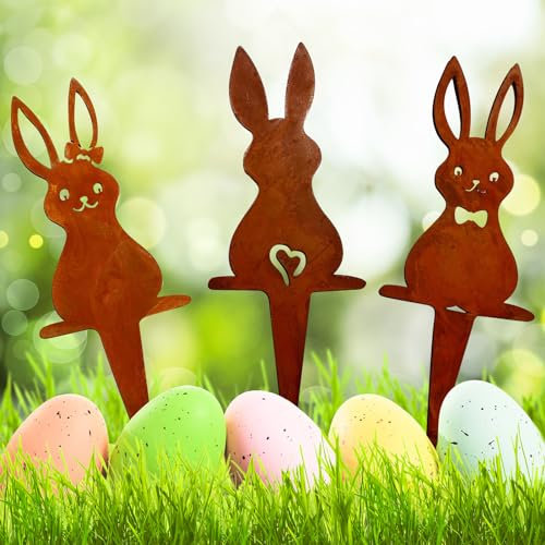 TETSMG 3 Stück Osterhase Gartendeko Figuren Osterdeko Gartenfigur Kreativ Rostdeko Kaninchen Ostern Gartenfiguren aus Eisenkunst Gartenfiguren für Außen Metall Wetterfest Statue Dekoration