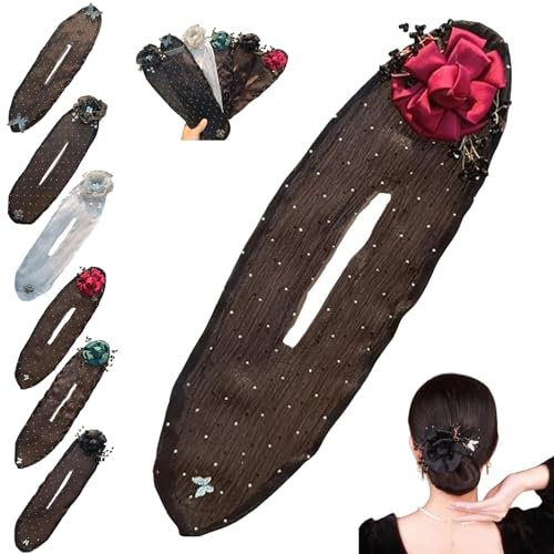 HIDRUO Flower Hair Bun Roller, Hand Embroidered Flowers Deft Bun, Lazy Hair Curler Deft Bun, Sheer Fabric Hair Bun Maker for Long Thick Hair Accessories (B)